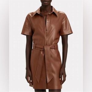 Nanushka Halli Vegan Leather Shirt Dress Brown Short Sleeve Belted Autumn